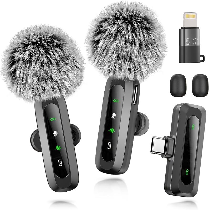 Wireless Microphone Mini Mic for iPhone/Android Phone, LED Display Lavalier Microphone for Video Recording Clip on