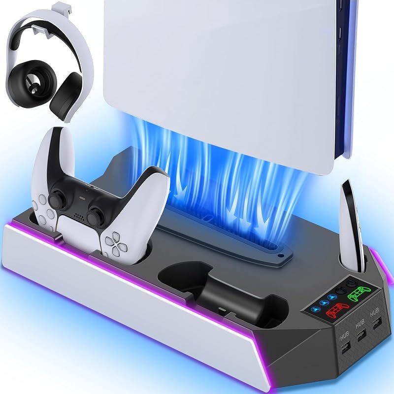 PS5/PS5-Slim-Cooling-Station-with-Controller-Charging-Station for PlayStation 5 Console Disc/Digital, LED Light