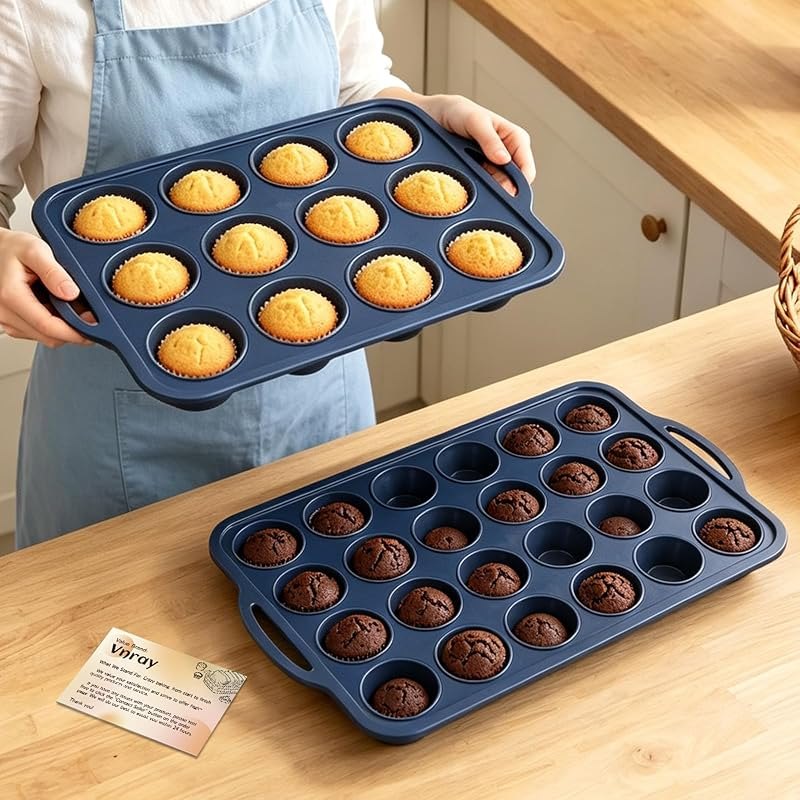 2 Pack Silicone Muffin Pan 12 & 24 with Frame Non Stick Cupcake Baking Tin — best Cupcake Baking Pan Set for cupcake