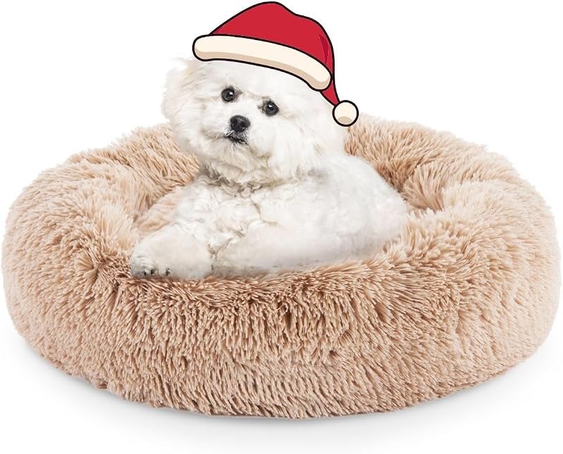 FluffyDream 24 Inch Donut Bed for Dogs, Calming, Brown, Washable, Plush Fur Dog Cuddle Bed — dog calming donut bed for