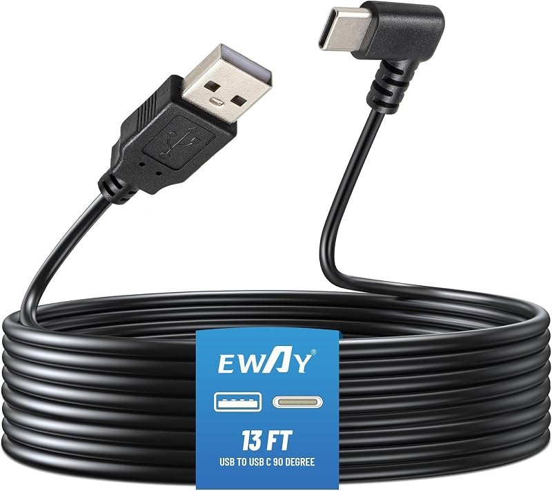 EWAY USB C Dash Cam Power Cord (13FT/4M), 90 Degree USB-A 2.0 to Type-C Cable REQUIRES 2.5A Input - USBC Replacement