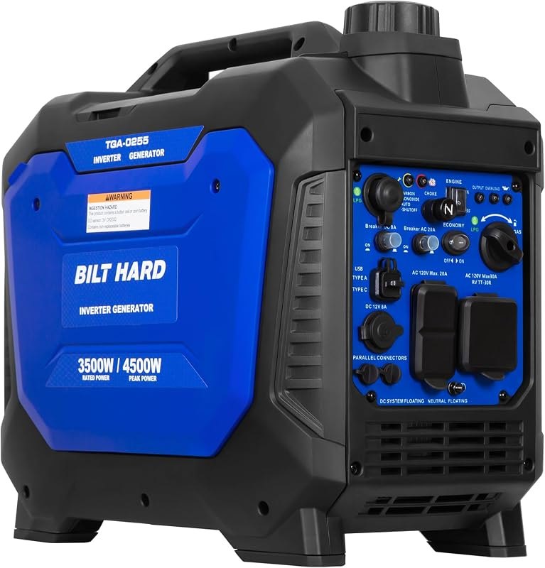 BILT HARD Dual Fuel Gas & Propane Powered Generator 4500W, Gas & Propane Powered Generator with CO Sensor, RV Ready