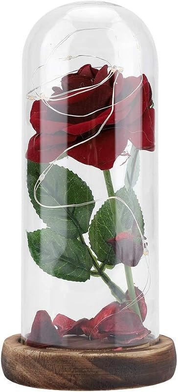 Preserved Christmas Flowers Gift, Forever Roses in Glass Dome, Silk Rose with LED Lights Wooden Base, Romantic Home