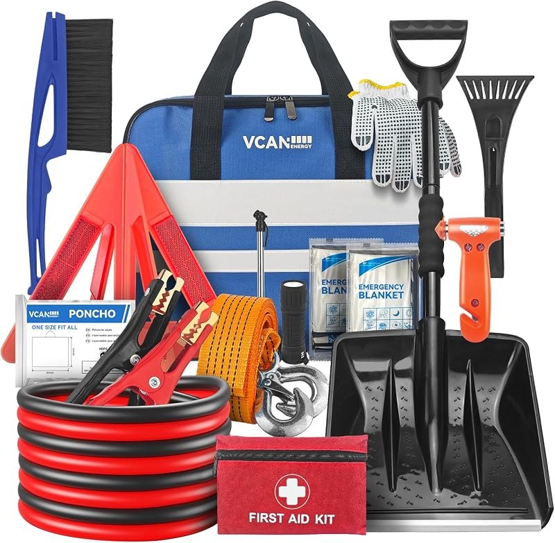 Car Emergency Kit with Jumper Cable, First Aid Kit, Winter Travel Assistance with Detachable Snow Shovel, Safety