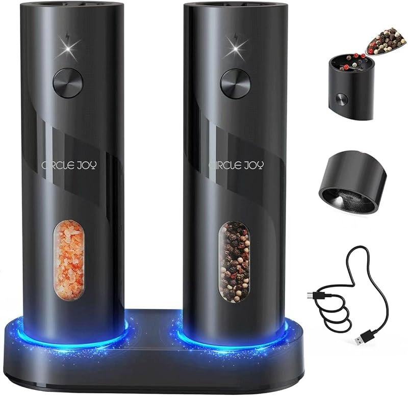 CIRCLE JOY Rechargeable Electric Salt and Pepper Grinder Set Automatic Pepper Mill Grinders with Charging Base