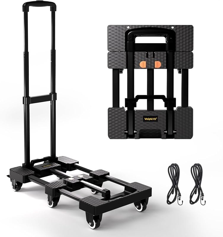 Voipvvii Folding Hand Truck 500lbs, Portable Heavy Duty Dolly Cart, 6 Wheels Collapsible Luggage Cart with 2 Elastic