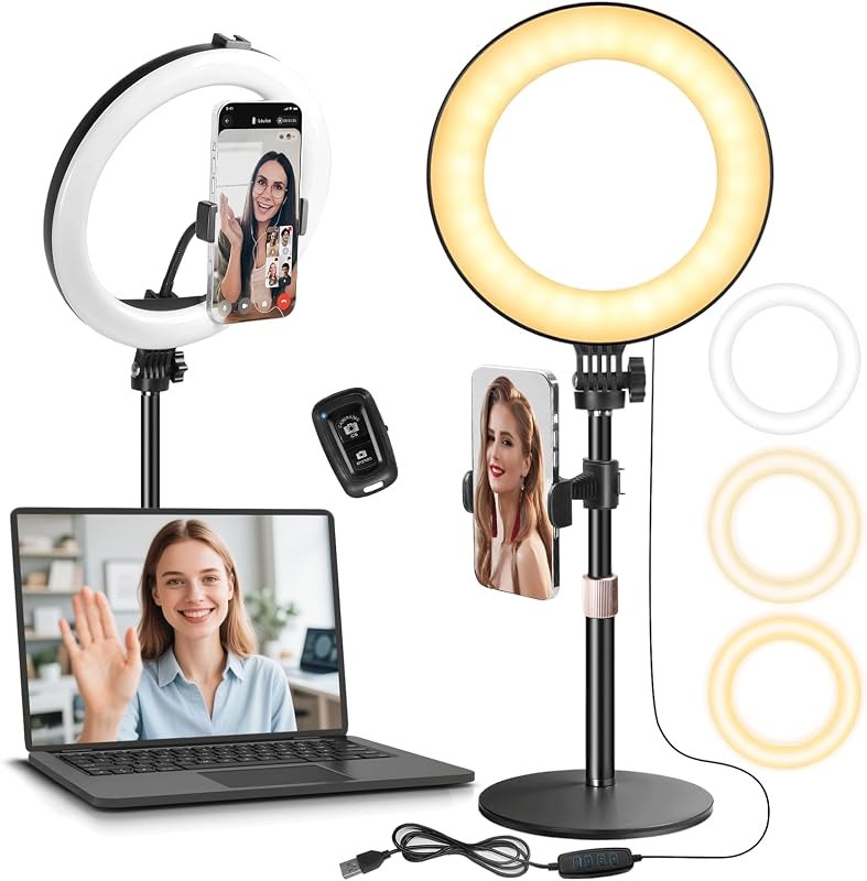MACTREM 10“ Desk Ring Light with Stand, Desktop LED Circle Halo Light with Phone Holder for Computer Zoom Meeting