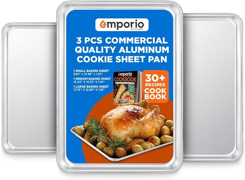 Emporio Kitchen Baking Pan Set - Small, Medium, and Large Aluminum Cookie Sheet Pan (9x13, 10.5x15, 13x18), PFOA
