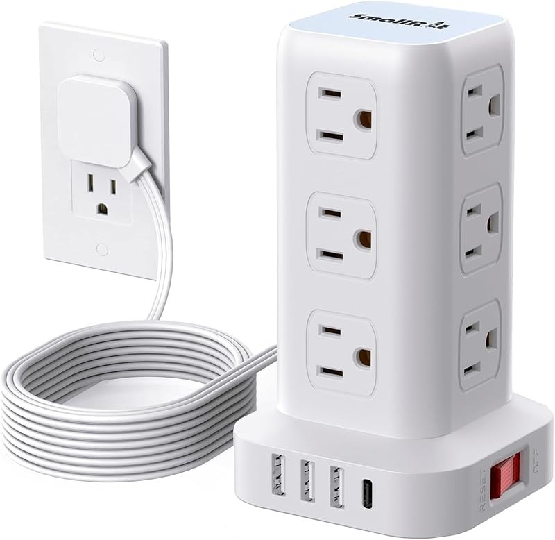 Extension Cord with Multiple Outlets, SMALLRT Flat Plug Power Strip Tower with USB 12 AC Outlets, 6.5FT Ultra Thin