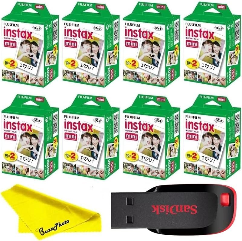 Fujifilm Instax Mini Instant Camera Film with Sandisk 32 GB USB Flash Drive + 8 x Mini Twin Packs (160 Sheets) and