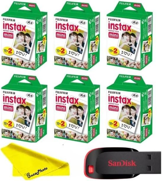 Fujifilm Instax Mini Instant Camera Film with Sandisk 32 GB USB Flash Drive + 6 x Mini Twin Packs (120 Sheets) and