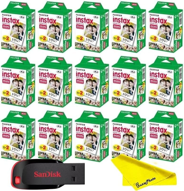 Fujifilm Instax Mini Instant Camera Film with Sandisk 32 GB USB Flash Drive + 15 x Mini Twin Packs (300 Sheets) and