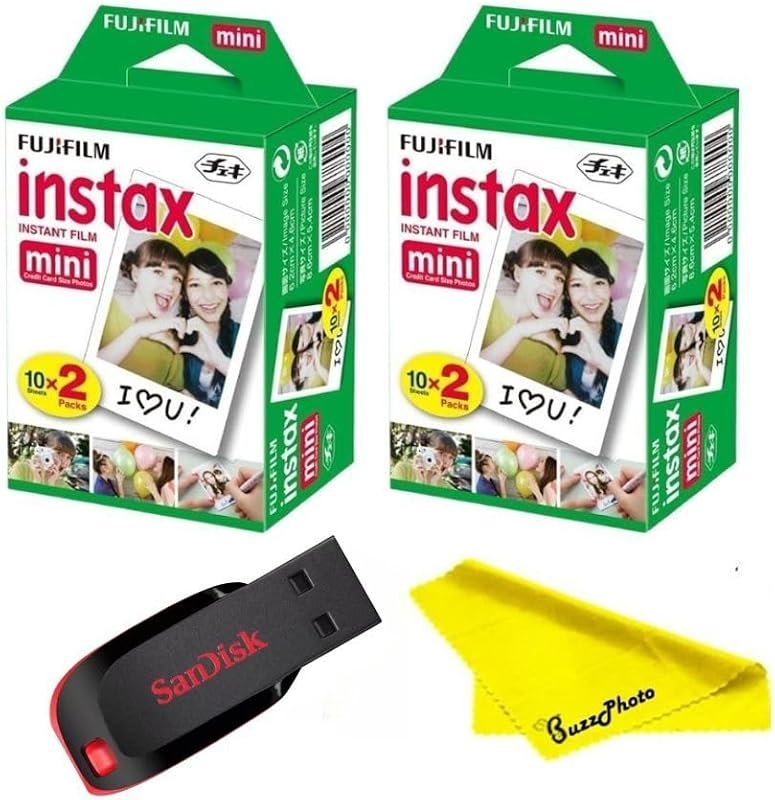 Fujifilm Instax Mini Instant Camera Film with Sandisk 32 GB USB Flash Drive + 2 x Mini Twin Packs (40 Sheets) and
