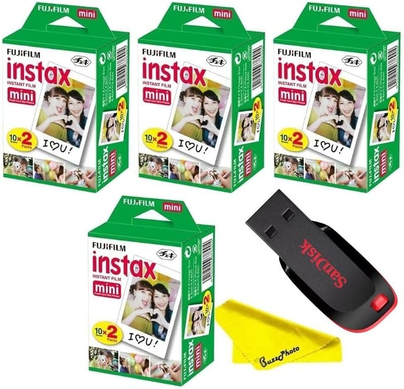 Fujifilm Instax Mini Instant Camera Film with Sandisk 32 GB USB Flash Drive + 4 x Mini Twin Packs (80 Sheets) and