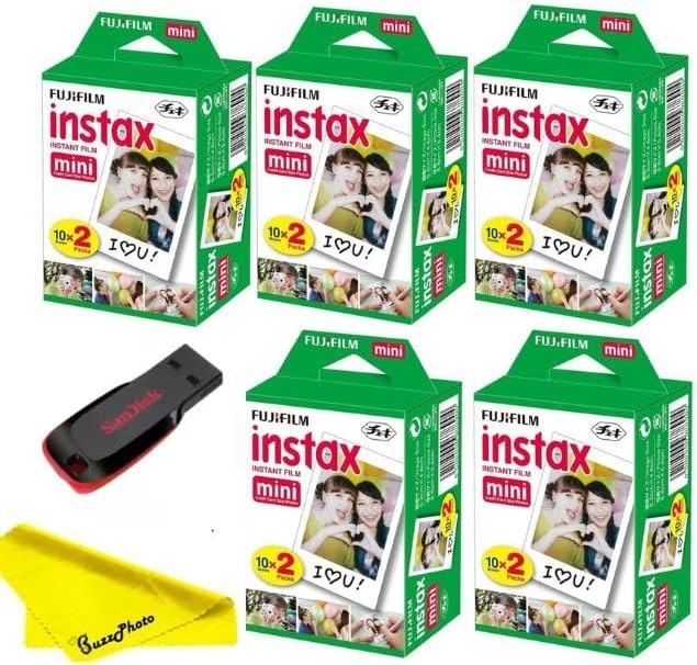Fujifilm Instax Mini Instant Camera Film with Sandisk 32 GB USB Flash Drive + 5 x Mini Twin Packs (100 Sheets) and
