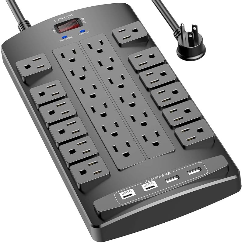 QINLIANF Surge Protector Power Strip - 6Ft Flat Plug Heavy Duty Extension Cord with 24 Outlets and 4 USB Ports(2 USB-C