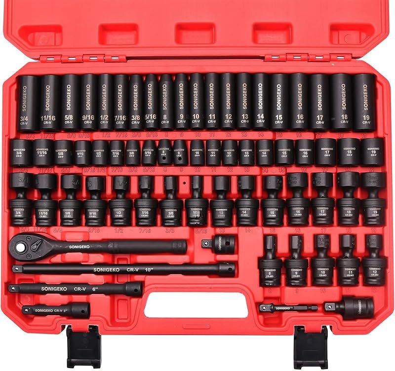 67-Piece 3/8" Drive Impact Socket Set,SAE 5/16"-3/4" & Metric 8-19mm — garage impact socket for garage impact socket