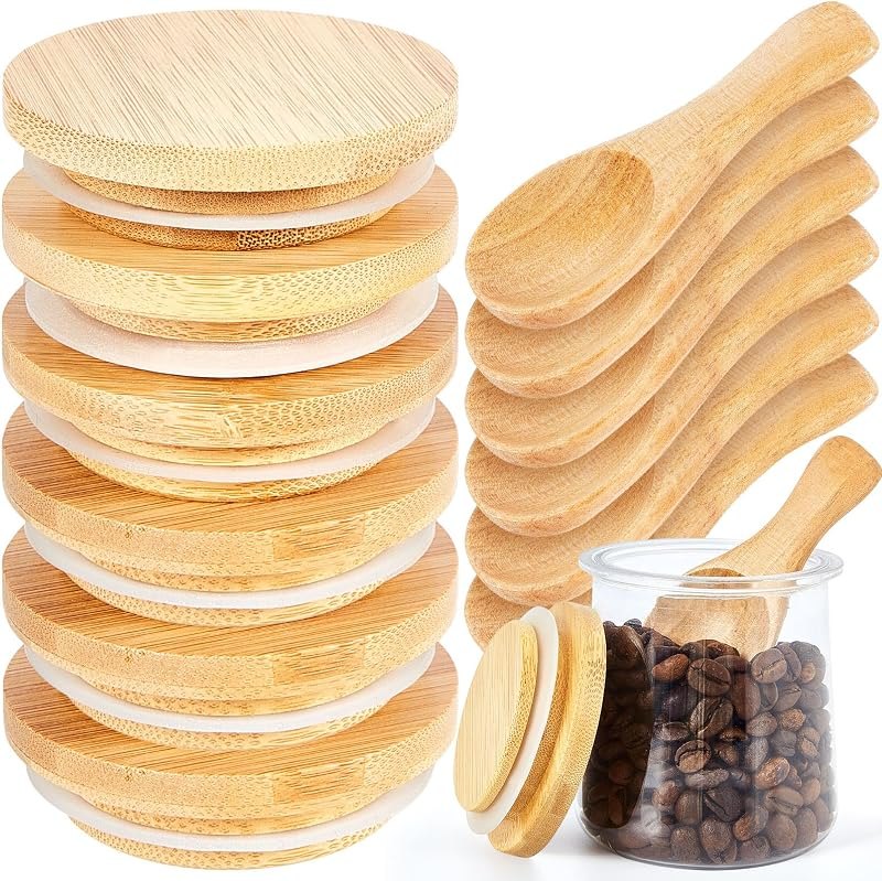 Mumufy 6 Set Yogurt Jar Lids with Small Spoons Bamboo Jar Lids with Silicone Sealing Rings Cookie Glass Storage Wooden
