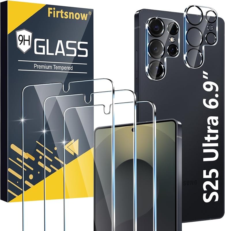 firtstnow 3 Pack for Samsung Galaxy S25 Ultra Screen Protector Tempered Glass + 3 Pack Camera Lens Protector, Military