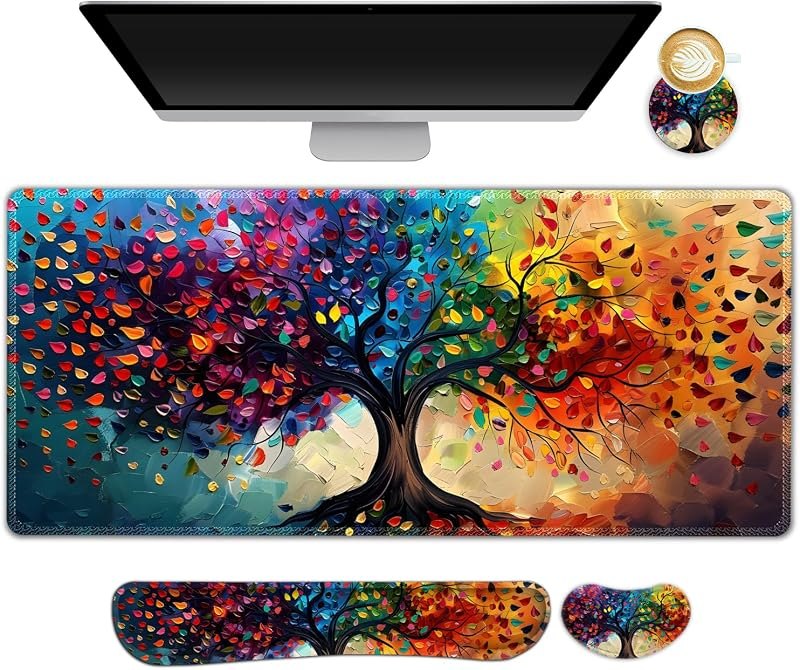 Large Gaming Mouse Pad Set, 4 in 1 Ergonomics Keyboard Desk Mat with Memory Foam Wrist Rest, Computer Extended Game
