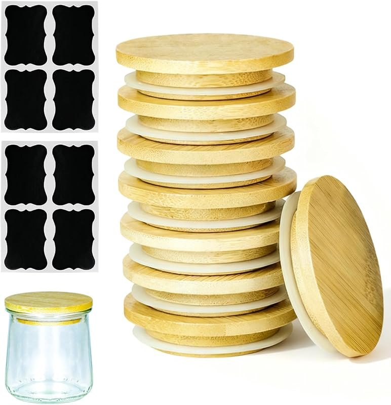 8 Pack Oui Yogurt Jar Lids with 8 Labels, Food-Grade Bamboo Lids for 5Oz Oui Yogurt Jars, Reusable Wooden Canning
