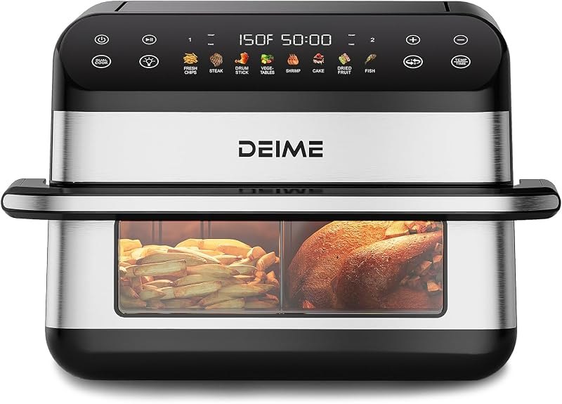 DEIME Dual Zone Air Fryer 10.6 QT Double 1800W Large Capacity Oven Air Fryers Healthy Cooker with 8 Preset, Large