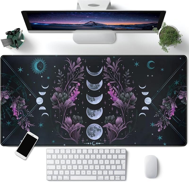 Celestial Moon Phases Mouse Pad Large Purple Desk Mat Forest Extended Gaming Mousepad Violet Teal Desk Pad XXL 31.5 x