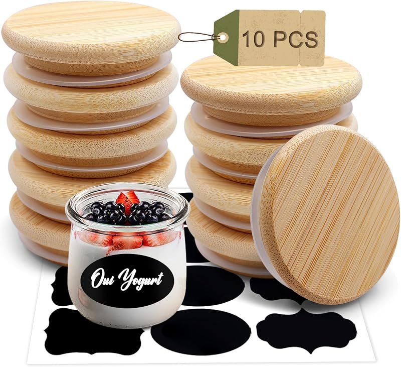 Oui Yogurt Jar Lids, Cymuber Leak Proof Wooden Lids Set with Silicone Sealing Rings, Reusable Natural Bamboo Canning