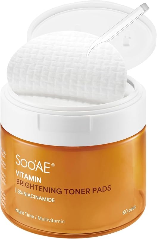 Soo'AE Vitamin Brightening Toner Pads, 60 Gentle Exfoliating Pads I 8 Types of Multivitamins, Radiant Skin
