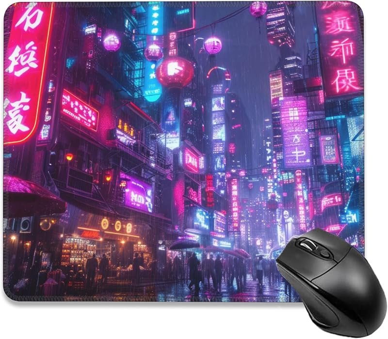 Mouse Pad, Japanese Anime Cyberpunk Neon City Mouse Pads for Desk,Soft Computer Mouse Mat Square Waterproof Non-Slip
