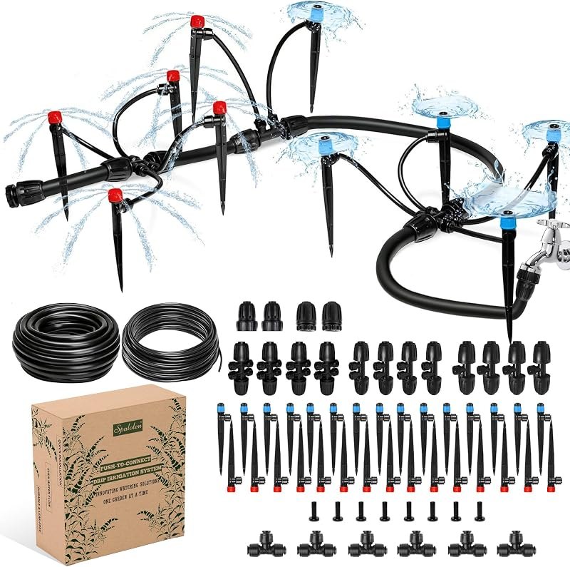 Push-to-Connect Drip Irrigation System Kit, Complete Premium Garden Watering System with 50FT 1/2" Mainline