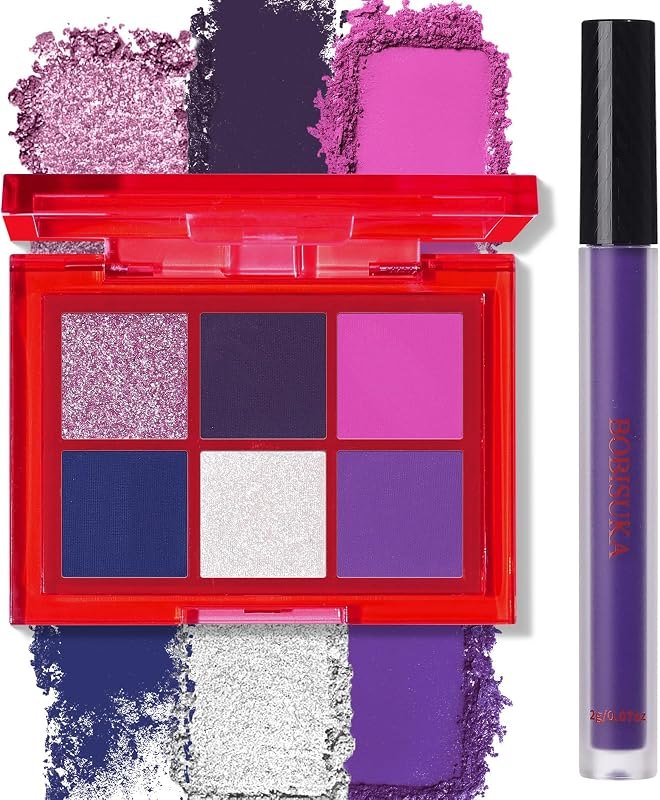 BOBISUKA Eyeshadow Makeup Palette + Matte Lipstick Kit, 6 Colors Purple Blue Pink Shimmer Matte Eye Shadow Pallet with