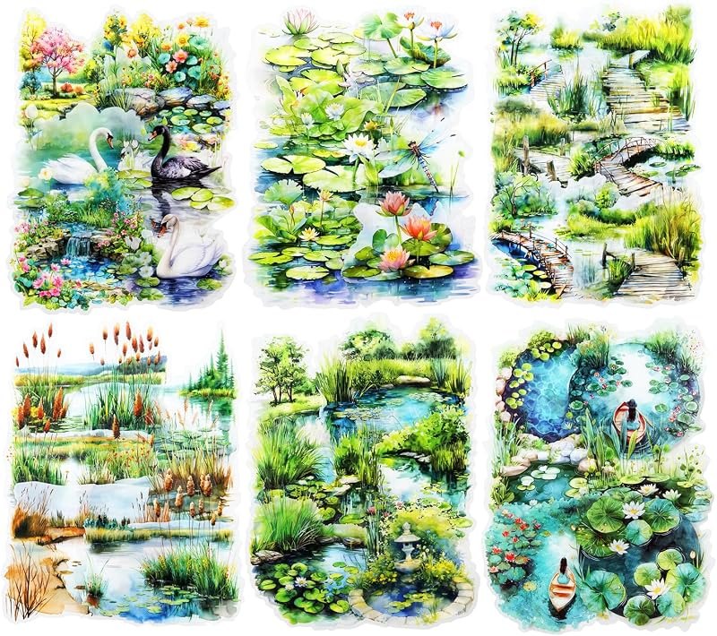 60Pcs Pond Scenery PET Stickers, Nature-Themed Scrapbooking Supplies for Journaling, DIY Crafts, Collage Decoration