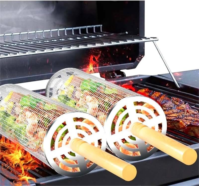 Nesting Rolling Grill Baskets 2PCS,304 Stainless Steel BBQ Tools with Removable Wooden Handle for