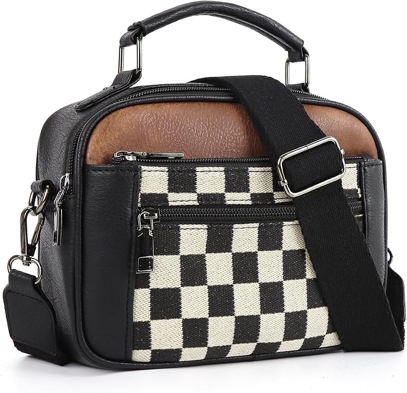 Checkered Crossbody Bags for Women Plaid Womens Cross Body Purses Checkerboard Leather Shoulder Bag Handbags —