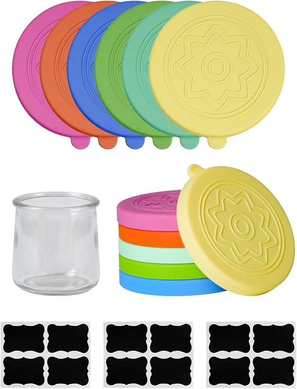 12 Pack Silicone Oui Yogurt Jar Lids with 12 Labels, Food-Grade Lids for 5Oz Oui Yogurt Jars, Reusable Silicone