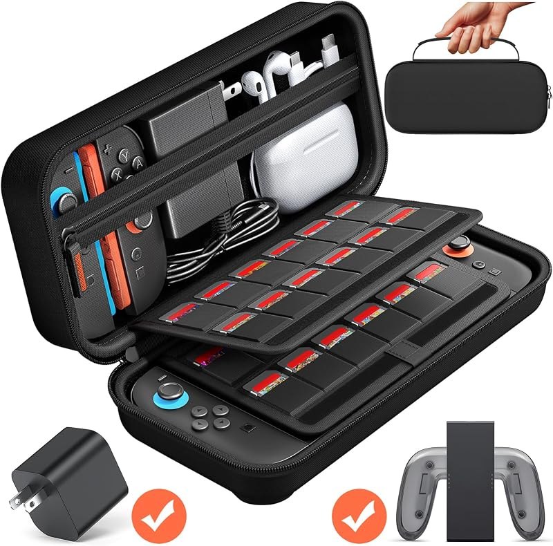 daydayup Switch Carrying Case Compatible with Nintendo Switch 2 - Fits Official AC Adapter - with 24 Games Cartridges