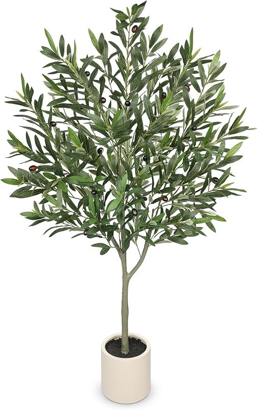 Hollyone Faux Olive Tree with Pot 4.2FT Small Fake Olive Tree Indoor 50.4inch with Natural Wood Trunk and Lifelike