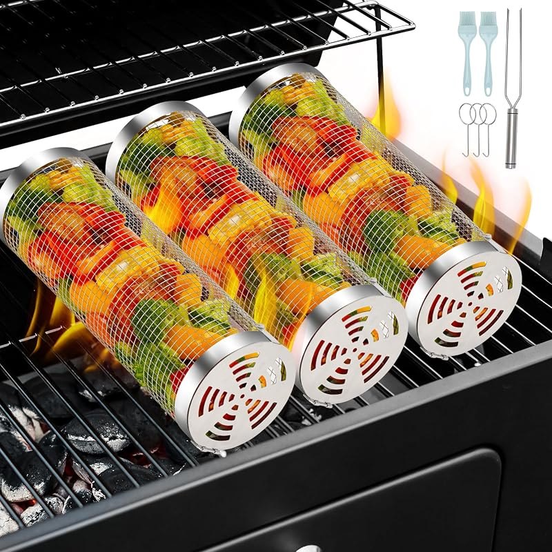 3pcs Rolling Grill Baskets, Grill Veggie Basket, BBQ Baskets for Grilling, Round Stainless Steel Grill Baskets for