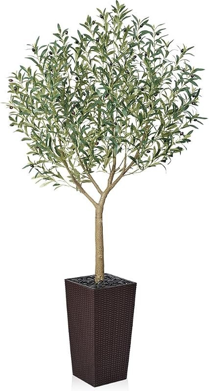 VeriNatural Artificial Olive Tree 7FT, UV Resistant Tall Fake Tree Indoor Outdoor with Brown Taper Planter & Pebbles —