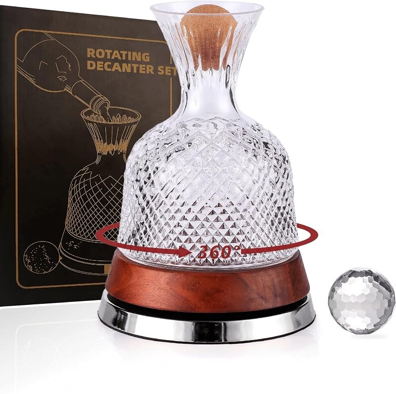 Rotating Wine Decanter Set with Solid Wood Base, Fun Crystal Glass Wine Carafe, Red Wine Decanter, Wine Accessories