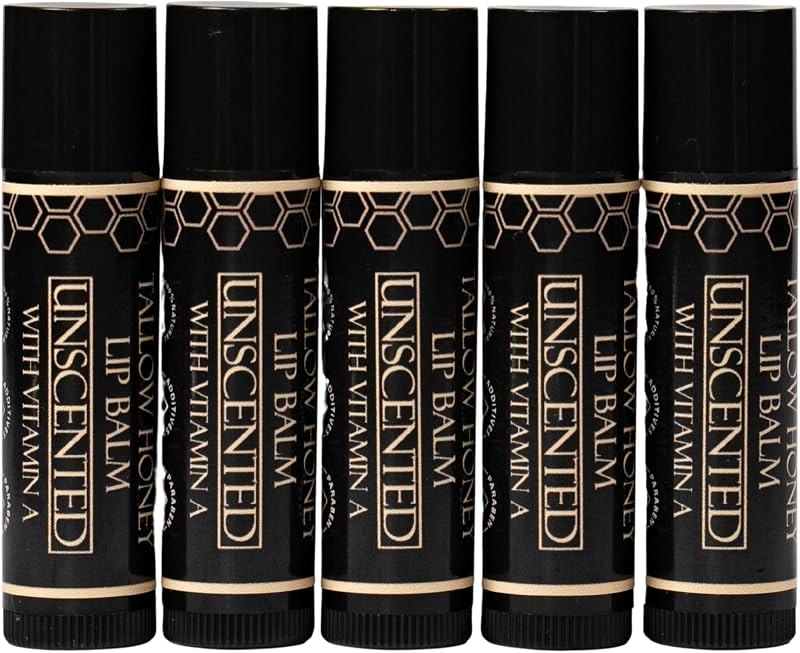 Terra Lotus - Tallow Lip Balm (5 Pack) - Hydrating With Organic Italian Olive Oil, Pure Grass Fed Tallow, and Beeswax
