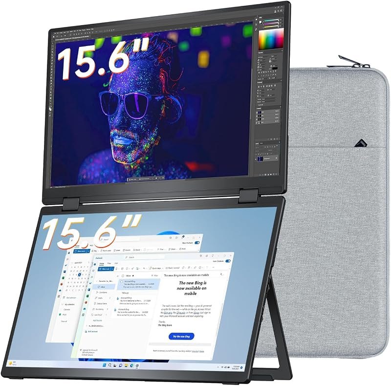 VisionOwl Portable Monitor Dual 15.6 Inch 1080P FHD 107% sRGB Foldable Second Screen, USB-C HDMI HDR Stacked Travel