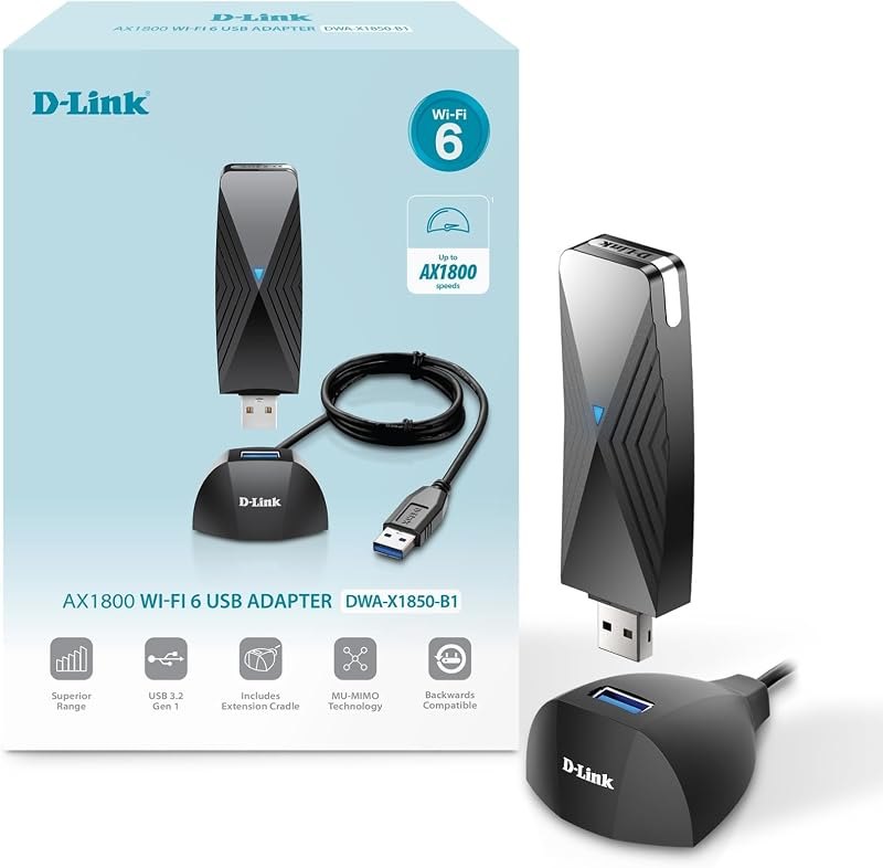 D-Link USB WiFi 6 Adapter AX1800 USB 3.0 Dual Band Long Range MU-MIMO Wireless Internet Network for Desktop PC Laptop