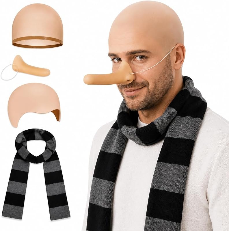 4PCS GRU Nose, Scarf, Bald Kit Costume Set, Adult Halloween Fake Nose — Villain Costume Accessory for villain costume