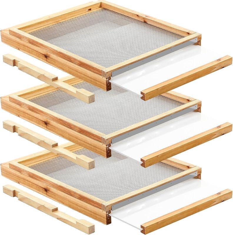 DoubleFill 3 Pcs 10 Frame Beehive Screened Bottoms Board Dipped in Beeswax with Entrance Reducer Beeswax Wood