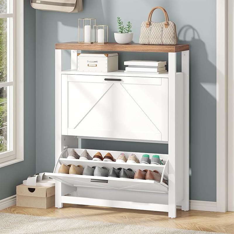 Nosepen White Wood Shoe Storage Cabinet with 2 Flip Drawers & Open Storage Shelf, Farmhouse Shoe Organizer Cabinet