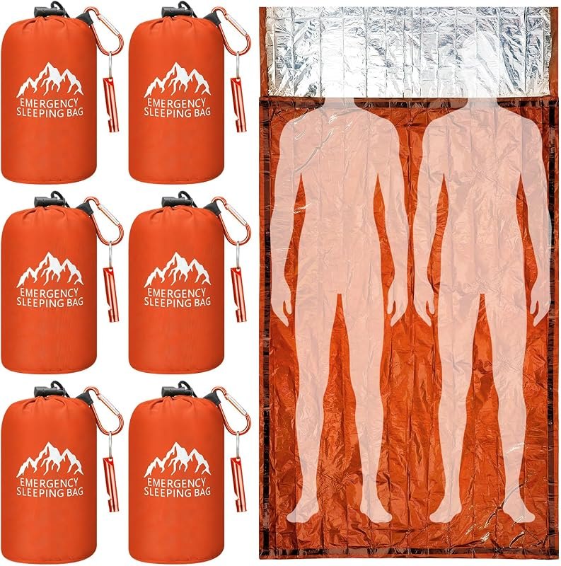 Oudain 6 Pcs XL Emergency Sleeping Bag Waterproof Bivy Sack Whistle — Earthquake Emergency Survival Kit for earthquake