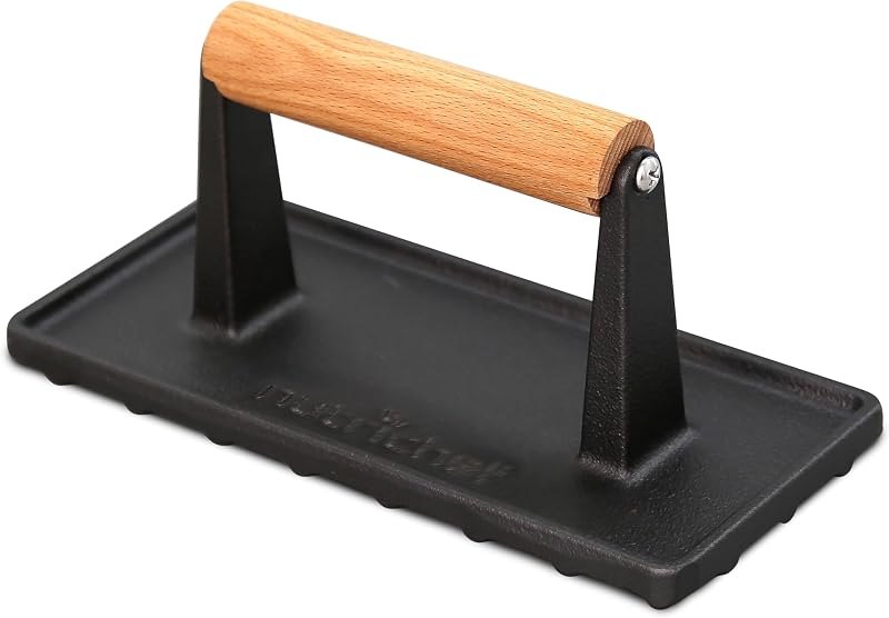 NutriChef Cast Iron Grill Press, Heavy-Duty Smash Burger Press with Beech Wood Handle, Reduces Cooking Time, Ideal