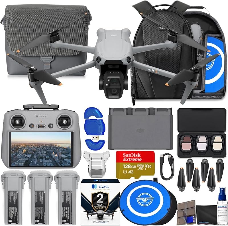 Air 3S Drone with RC 2 Fly More Combo (with Screen) 4K HDR, 45-Min Max Flight Time Bundle with 128GB Memory, Landing